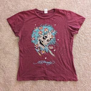 VTG Y2K Ed Hardy Burgundy Skull Graphic Tee